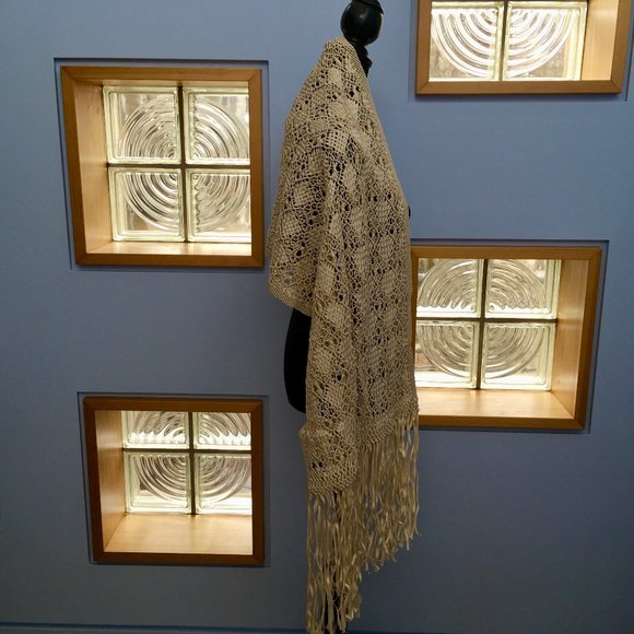 Crocheted Cream Shawl with Fringe by Tanner - Picture 8 of 10